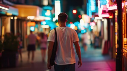A man is seen from behind walking down a bustling city street adorned with vibrant neon signs, capturing the essence of nightlife and urban explorations.