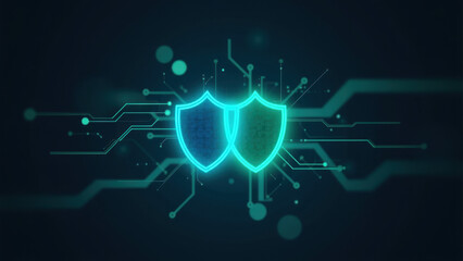 Digital shields with connecting nodes representing data protection, network security, and online safety.