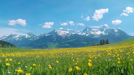 Fototapeta premium Alpine Meadow In Bloom: A breathtaking panoramic view of a vibrant meadow in the Swiss Alps, bursting with yellow wildflowers under a clear blue sky, with snow-capped mountains in the background.