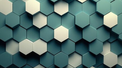 Naklejka premium A visually appealing arrangement of hexagonal tiles in shades of teal and white, creating a modern geometric pattern. Ideal for digital display and design.