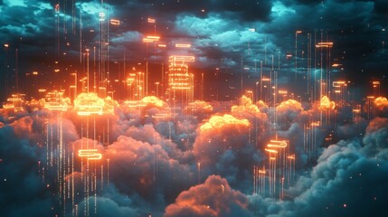 Futuristic cityscape with glowing lights in the clouds.
