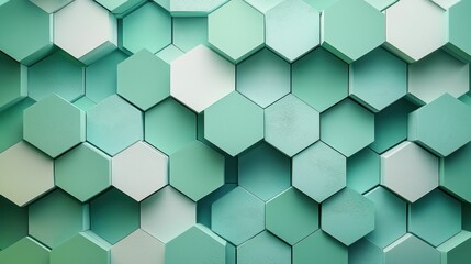 Naklejka premium A modern textured wall featuring hexagon shapes in varying shades of mint green. The geometric design adds a contemporary touch to any space.