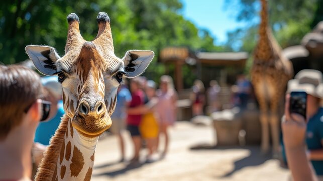 A curious giraffe looks directly into the camera while zoo visitors stand nearby, creating a playful interaction between animal and admirers in a sunlit setting.
