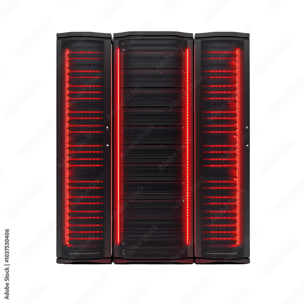 Poster modern data center rack with red led lights offering efficient cooling solutions for high-density se