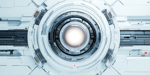 Obraz premium Full of technology web design interface, with a circular glass in the middle, symmetrical layout, virtual reality, mech-style texture, pure white background