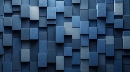 This image showcases a modern wall design featuring various shades of blue in a geometric pattern, creating depth and texture.