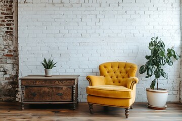 Modern vintage home decoration, yellow sofa chair and vintage dresser with plant accents