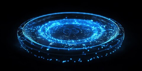 3D render of a blue hologram wireframe floating in a black background, a circular shape with data points and numbers inside the circle, 