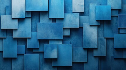 A modern abstract design featuring various shades of blue rectangles layered and aligned to create a textured background.