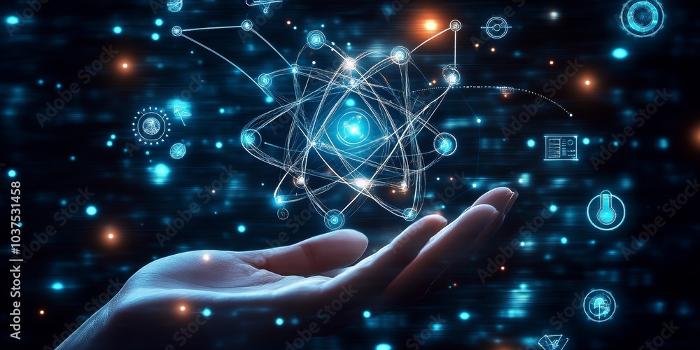 Wall mural futuristic background with icons representing technology and science, above which is an atom symbol.