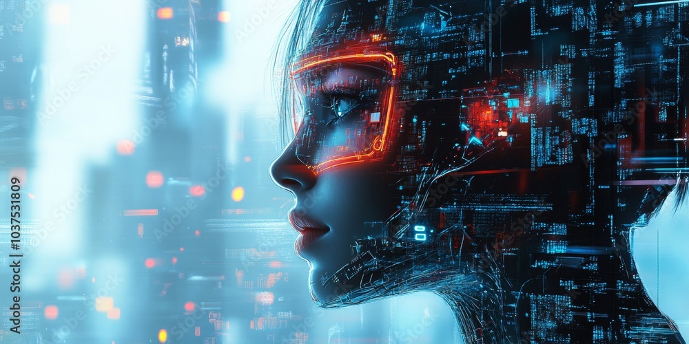 Wall mural futuristic meta human positioned in the right side of the image with hud face elements