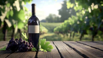 Fototapeta premium wine bottle with blank label sits on rustic wooden table, surrounded by fresh grapes and green leaves, set against picturesque vineyard backdrop