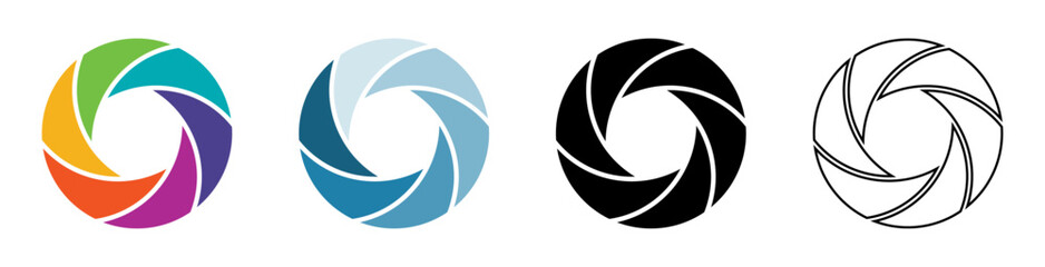 Camera aperture icon symbol set in different color. Camera lens diaphragm icon isolated set in colors. Shutter camera aperture lens icon set different style. Aperture icons set. Vector illustration.