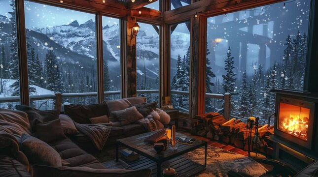 Cozy bedroom with window view of a peaceful winter night snowfall and glowing ambiance
 Seamless looping 4k time-lapse virtual video animation Generated AI