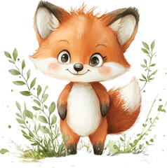 Charming fox surrounded by leaves, whimsical woodland illustration
