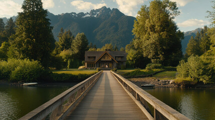 Fototapeta premium serene wooden bridge leads to charming lake house surrounded by lush trees and majestic mountains. tranquil setting evokes sense of peace and natural beauty