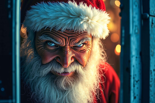 A close up of a man dressed as a santa claus looking out of a window - Powered by Adobe