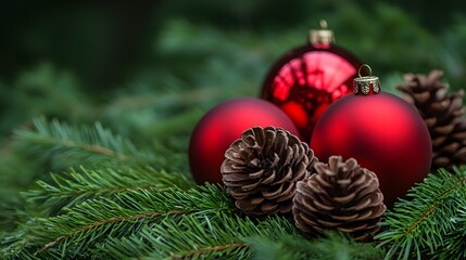 Fototapeta premium Red Christmas Ornaments and Pine Cones on Evergreen Branches