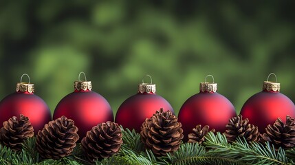 Fototapeta premium Five Red Christmas Ornaments with Pine Cones and Evergreen Branches