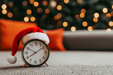 Alarm clock wearing a Santa hat with festive lights in the background