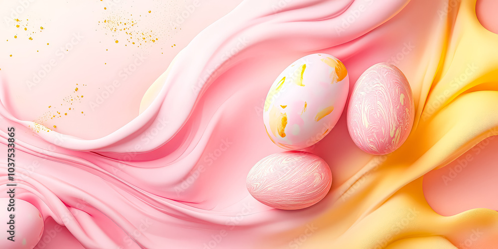 Poster pink and yellow background with three pink eggs on it. the eggs are surrounded by sprinkles and appe