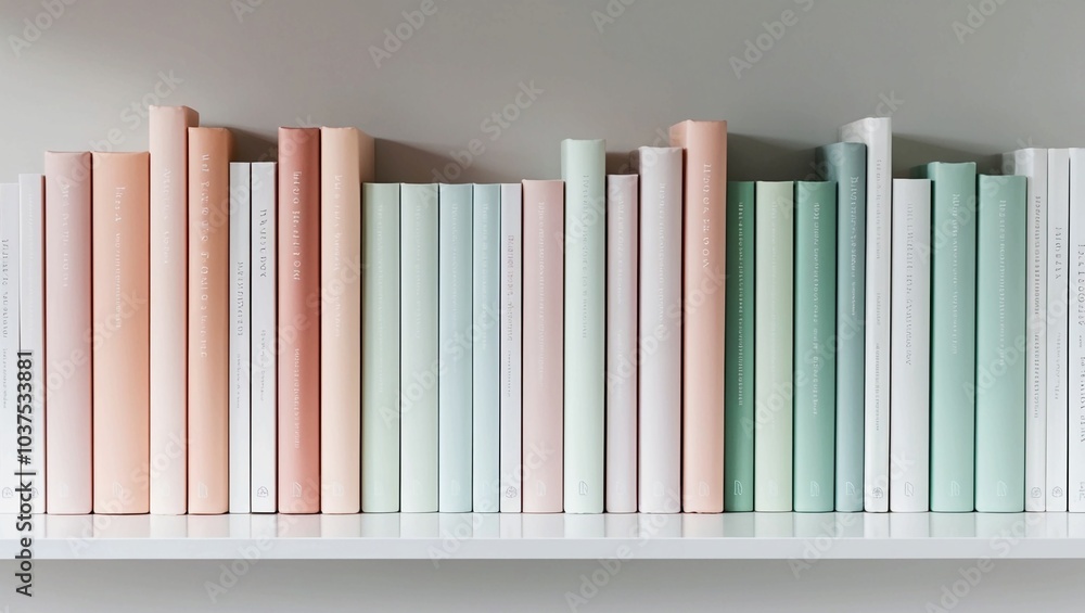 Poster row of colorful hardcover books stacked neatly on a shelf in a clean design