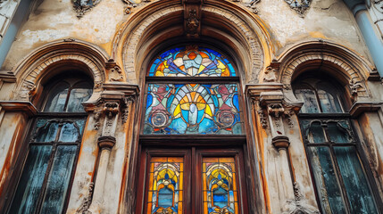 Fototapeta premium A historical facade with beautiful stained glass windows