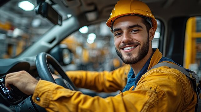 A cheerful young worker wearing a safety helmet is confidently driving a vehicle through a bustling warehouse filled with activity, showcasing a vibrant work environment