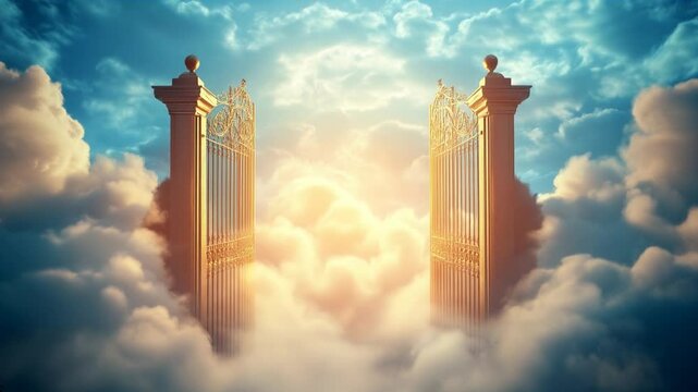 
Ethereal golden heavenly gates framed by soft white clouds symbolize paradise and tranquility. A serene and captivating scene evoking feelings of bliss and celestial beauty.