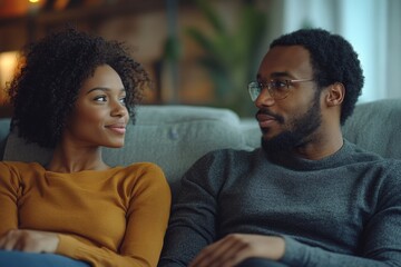 Angry black woman looking at her happy boyfriend chatting with girl, sitting together on couch at home, dishonest in relationships, Generative AI