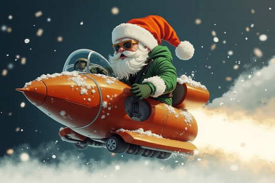 A santa claus riding a rocket ship in the snow