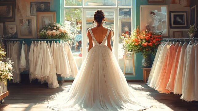 A bride admires herself in a wedding dress shop, surrounded by elegant gowns and floral decor.