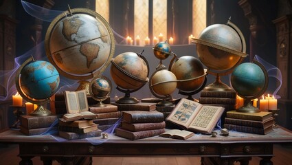  Set of Vintage Globes and Books with Glowing Magical Lights in a Fantasy World
