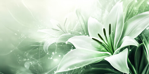 White flower with green leaves is the main focus of the image. The background is a light green color, and the flower appears to be surrounded by a lot of light. The image has a serene