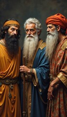 Three Wise Men in ancient attire with serious expressions and rich details, against a dark background