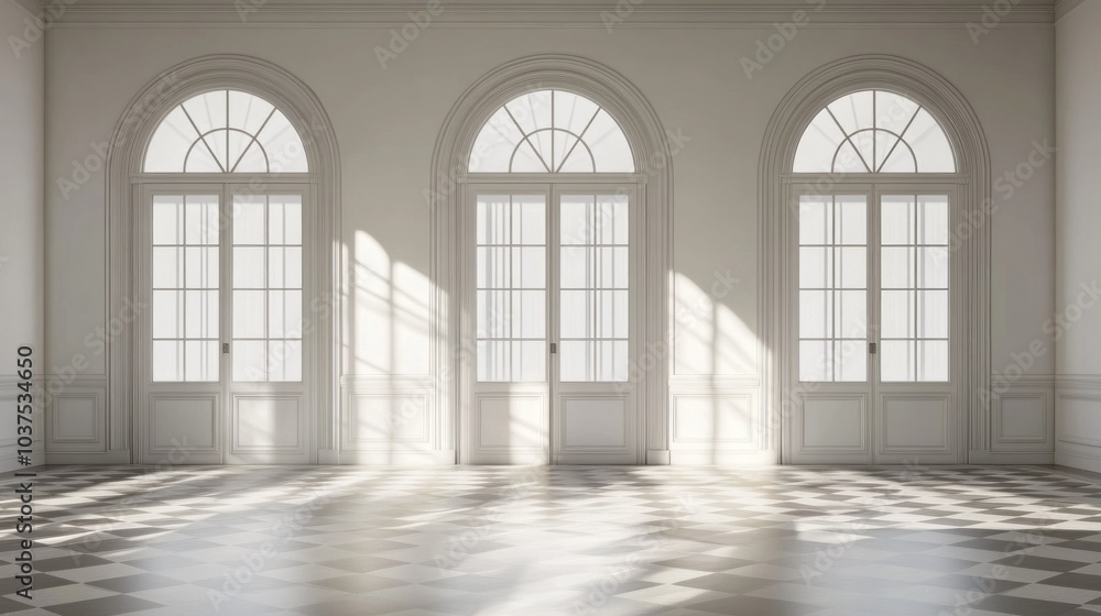 Poster sunlight floods an empty room through arched windows, casting shadows on the checkered floor. the sc