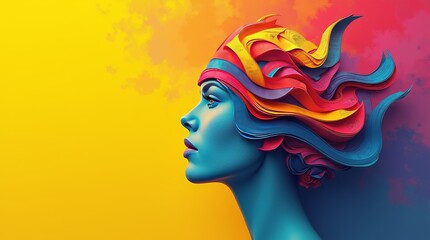 A striking digital artwork featuring a woman's profile with a head made of colorful, swirling paper fragments, symbolizing creativity and transformation.