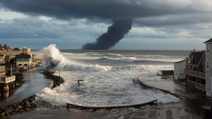Powerful huge waves crashing into the shore of the town. A big tornado