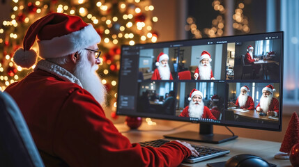 A man in a santa hat sitting at a desk in front of a computer screen