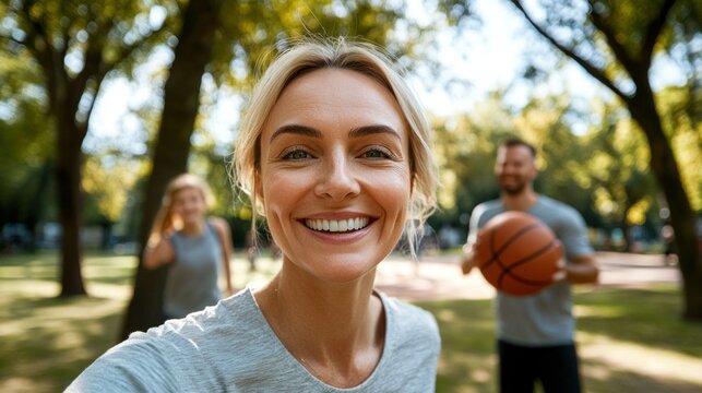 A joyful woman captures a selfie with her friends in a park, where they enjoy playing basketball together on a bright afternoon, surrounded by lush greenery