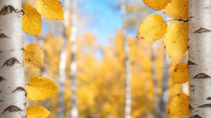 Golden autumn leaves adorn the birch trees, creating a vibrant display of color in the forest. Sunlight filters through, highlighting the peaceful atmosphere of this fall landscape