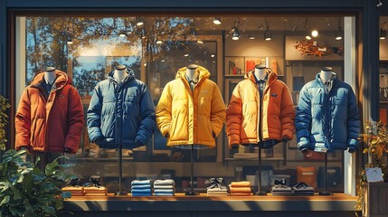 Display of colorful puffer jackets in a retail window, showcasing winter fashion.