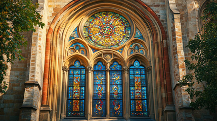 Obraz premium A historical facade with beautiful stained glass windows