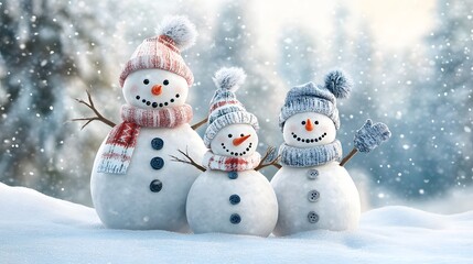 Fototapeta premium Three Snowmen in a Winter Wonderland