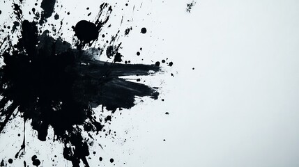 Black Ink Blot Drops on Paper Texture: Minimalistic Abstract Splatter with Copy Space on a Monochrome Background