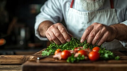 A chef skillfully chops and arranges vibrant vegetables, including tomatoes and greens, on a wooden surface, showcasing culinary artistry in a warm kitchen atmosphere