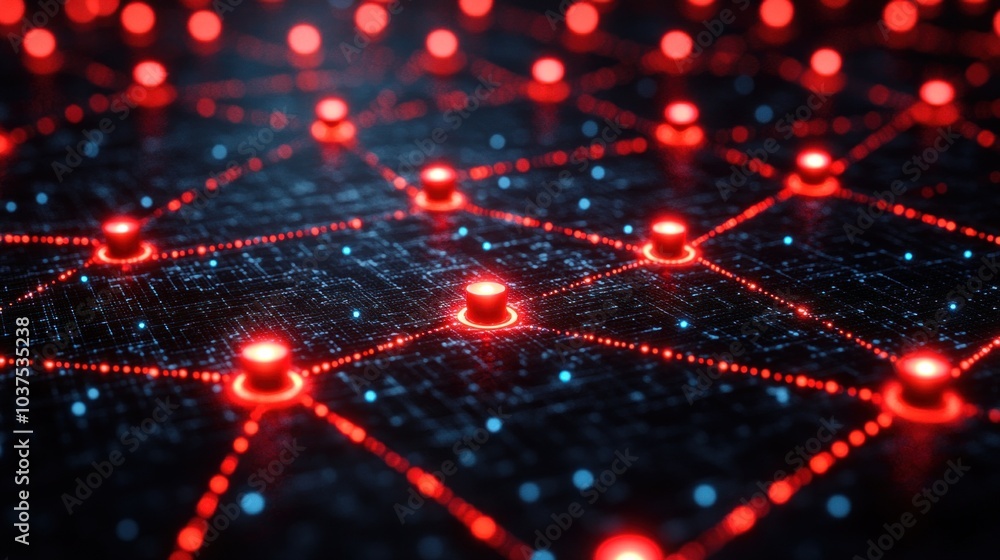 Poster glowing red nodes connect through intricate digital lines against a dark background, illustrating th