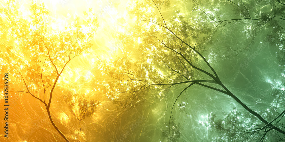 Poster tree with leaves in a yellow and green color. the tree is in the middle of the image