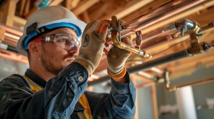 Plumber Working on Copper Piping in Construction Site