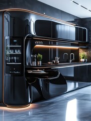 Obraz premium High-tech kitchen with glossy black and silver cabinets, smart refrigerator, and built-in induction cooktop, offering sleek modern style.